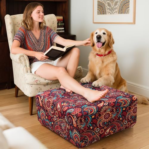 Image of YISUN Ottoman Cover Square, Stretch Printed Ottoman Slipcover Square, Thick Storage Ottoman Covers Washable Footrest Stool Cover Protector with Nonslip Elastic Bottom