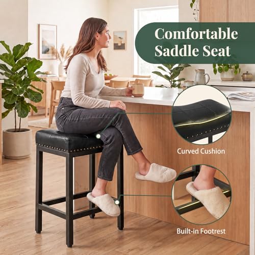 Image of 24 Inch Bar Stools Set of 2, PU Leather Counter Height Stools | Upholstered Modern Saddle Barstools with Metal Base and Footrest for Home Bar, Small Apartment, Black