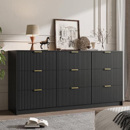 Image of MAISONARIA 63 inch Wide Fluted 9-Drawer Dresser for Bedroom, Black