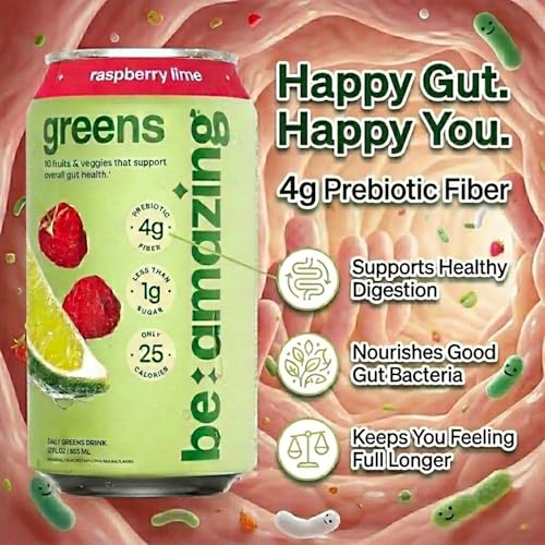 Image of Be Amazing Greens Drink, Raspberry Lime, Vitamin Drinks With 10 Organic Fruits and Vegetables, Coconut Water, Vitamin C, and Prebiotic Fiber, 25 Calories, Low Sugar, Vegan and Gluten Free, 8 Pack