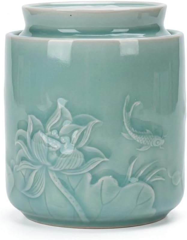 Ceramic Storage Jar with Lid, Embossed Floral Design, Olive Green, Kitchen Container