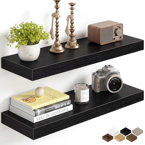 Image of Fun Memories 24Inch Floating Shelves for Wall, 8 Inch Deep Shelves for Bathroom|Bedroom|Kitchen Wall Mounted, Wood Hanging Shelf with Invisible Brackets for Home Storage Decor, Black - 2 Pack