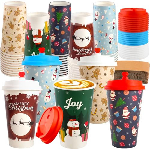 25 Pack Christmas Hot Coffee Cups with Lids 16 Oz Christmas Disposable Paper Cups with Lids & Sleeves Vintage Xmas Paper Cup for Hot Cold Drinks Hot Chocolate Cocoa Tea Xmas Dinner Party Supplies