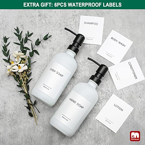 Gmisun White Soap Dispenser, 2 Pack Glass Hand And Dish Soap Dispenser Set, 16 Oz Refillable Liquid Soap Bottle With Rustproof Stainless Steel Pump, Modern Empty Lotion Bottles For Kitchen & Bathroom #TOP5
