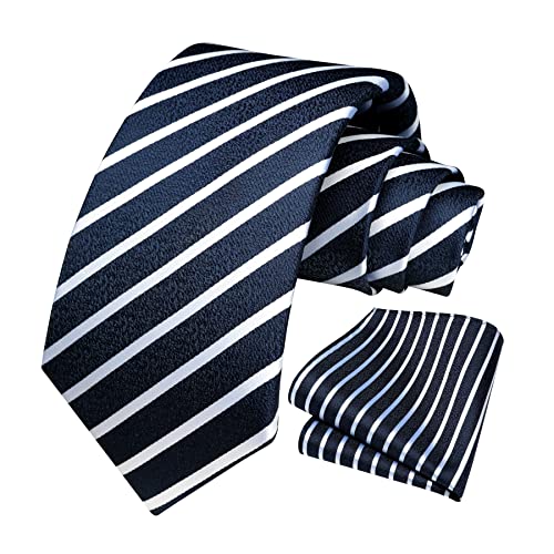 Image of HISDERN Stripe Tie Mens Ties with Pocket Square Set Classic 3.4'' Silk Formal Necktie Handkerchief for Business Wedding