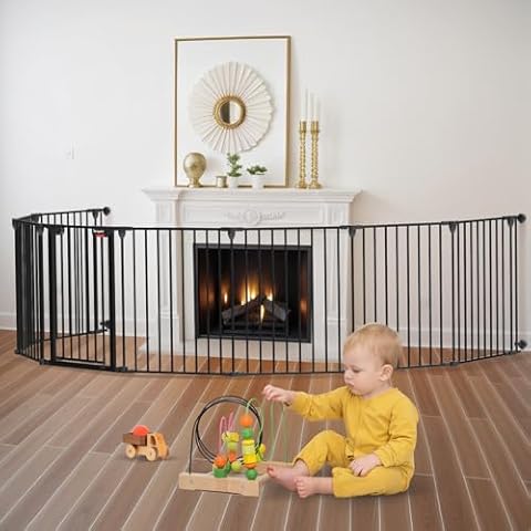 Kfvigoho Baby Gate 27.5"-199" Extra-Wide Gate for Stairs, Play Yard Child Safety Gate, Dog-gate with Auto-Close Door, Double Locking System for Fireplace, Kitchen, Foldable 8 Steel Panels, 29" Height Cover