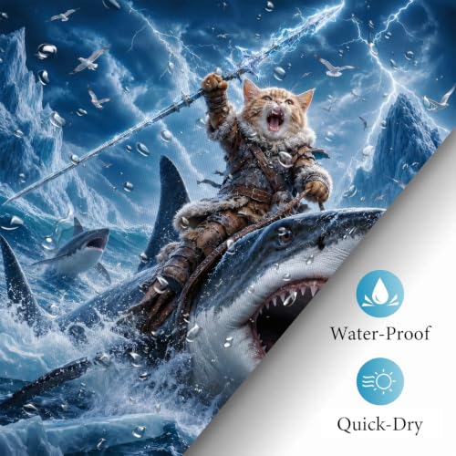 Image of iTapnoom Funny Cat Riding Shark Shower Curtain, Fun Cool Animal Ocean Nautical Coastal Blue Sky Boys Men Bathroom Decor, Waterproof Washable Fabric with Hooks 72x72 Inch