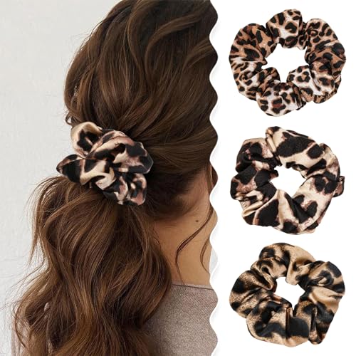 Calkkrer 3 Stück Elegante Vintage Scrunchies, Leopard Muster Haargummis, Seiden Stoff Zopfgummi Für Pferdeschwanz, Alltag, Teezeremonie, Damen Haar Zubehör