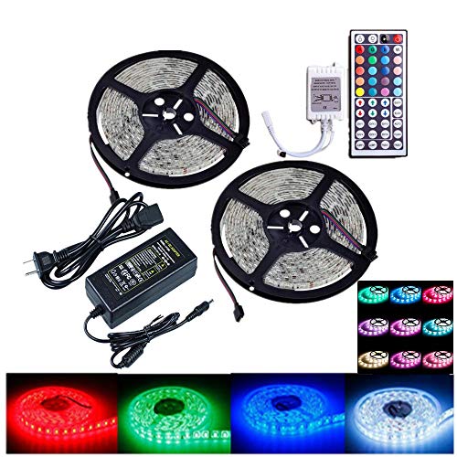 OMTO Led Light Strip waterproof DC12V Power Supply 10M/32.8 Ft SMD 5050 RGB 300LED Color Changing Kit with Flexible Strip Light with 44 key Ir Controller Kitchen Bedroom Sitting Room Car
