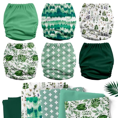 Mama Koala 3.0 Pocket Cloth Diapers for Babies with AWJ Lining, 6 Pack with 6 4-Layer Natural Cloth Diaper Inserts - Reusable and Washable Pocket Diapers (Love Green)