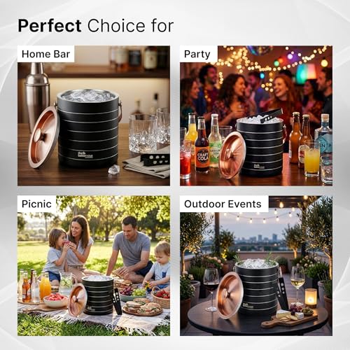 Image of The Better Home Stainless Steel Ice Bucket with Lid & Tong 1500ml | Double Wall Insulated Ice Bucket for Bar, Parties & Cocktails - Matte Black & Rose Gold