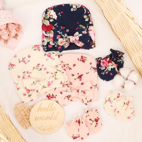 Image of DRESHOW BQUBO Floral Swaddles for Baby Girl Newborn Receiving Blanket with Bow Hat Mittens Wooden Birth Announcement Card Set Baby Floral Print Swaddle Nursery Swaddle Wrap