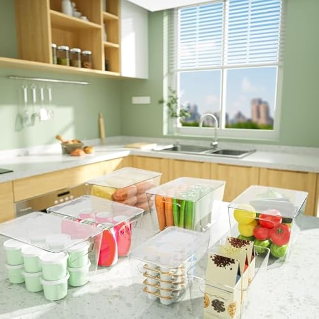BALEINE Clear Stackable Storage Bins with Lids, Plastic Containers with Handle for Pantry Organizers and Storage, Plastic Bins for Fridge, Kitchen, Bathroom, Cabinet (11x7.5x6, 4PK)