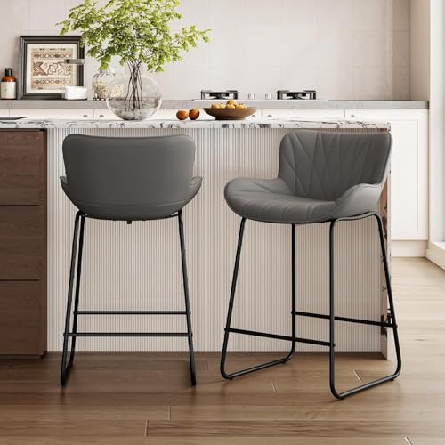 chairus Lot de 2 Tabourets de Bar en Cuir PU, Tabourets de Comptoir sans Accoudoirs pour Cuisine, Chaises de Bar avec Pieds en Métal, Gris-2