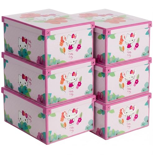Lavatelli Lot de 6 Boîtes Rangement avec Couvercle – Grandes Boîtes Organisateurs Placard en Carton Hello Kitty 39x50x24 cm pour Literie, Saisons, Vêtements, Maison