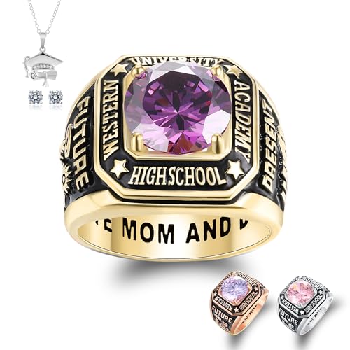 Custom Class Rings - Fully Personalized Men's High School Rings Size 5-15 with Cubic Zirconia Birthstone in Sterling Silver