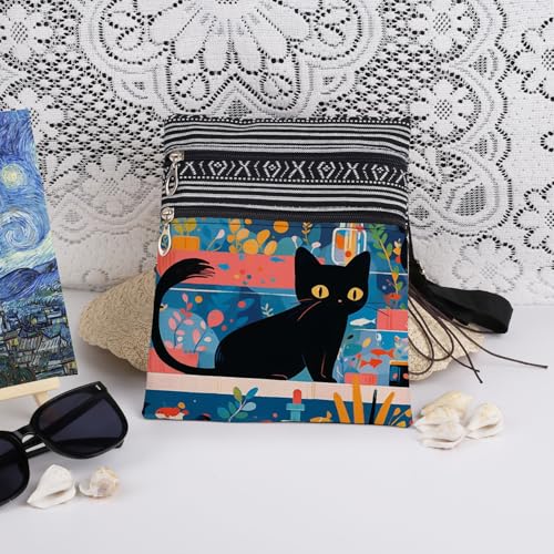 Botanical Cat Adjustable Shoulder Strap Crossbody Bag Golden-Eyed Cat with Leafy Motif Print for Adult Plant Lovers Birthday Gift for Gardener's Plant Lover's Day​​ Kitten Lover3