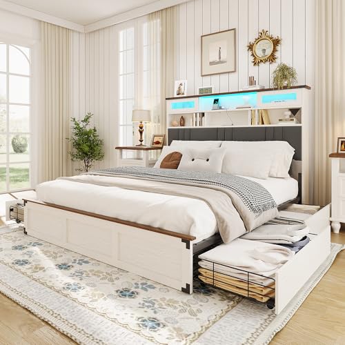 Fameill Farmhouse Full Bed Frame with Bookcase Headboard and 4 Drawers, Wooden Upholstered Platform Bed with LED Lights and Charging Station, Rustic Accent Headboard with Sliding Door, Antique White