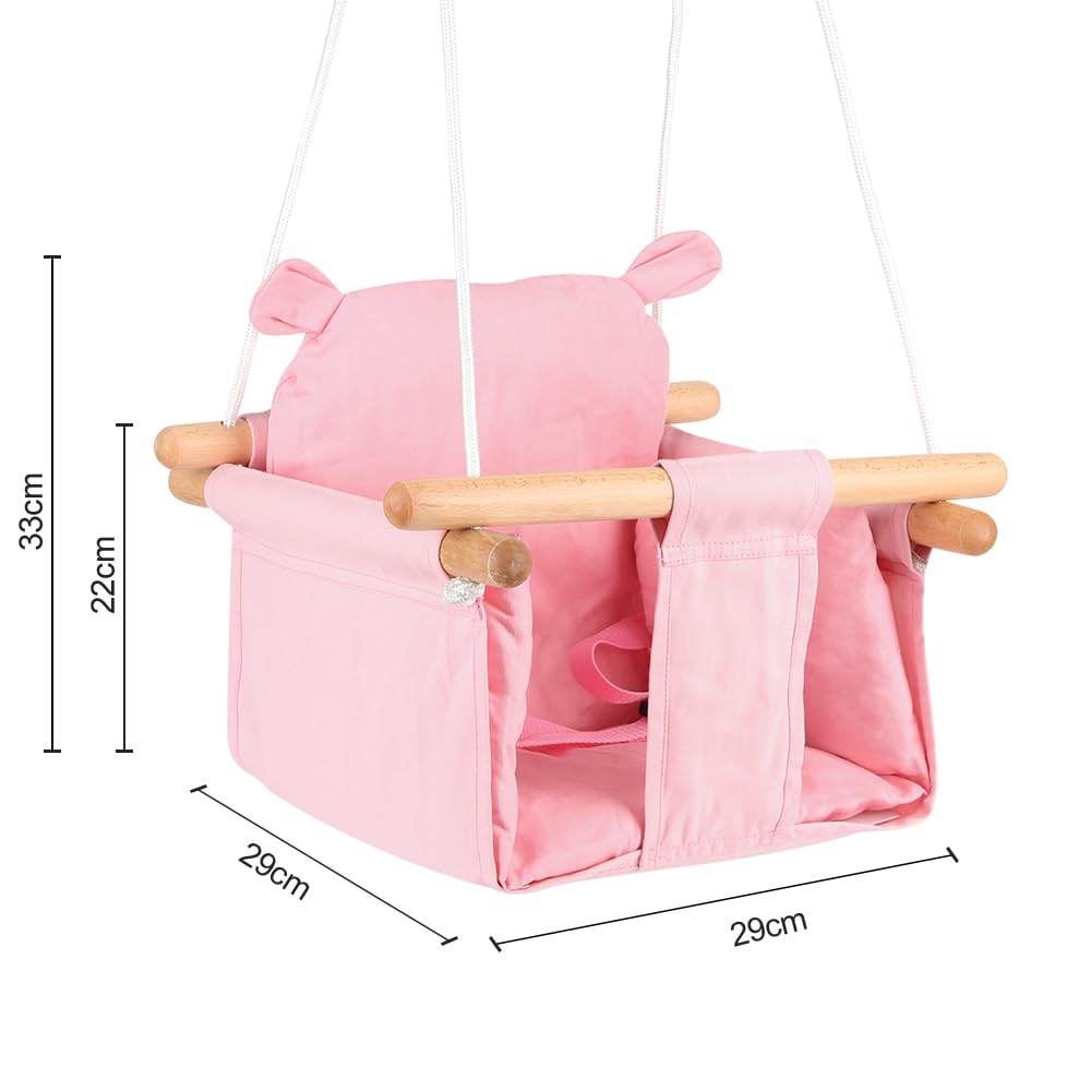 Columpio de Madera para Bebé, Columpio para Niños Osos, a partir de 6 Meses, Instalación Interior/Exterior, Carga Max 25 kg (Rosa)