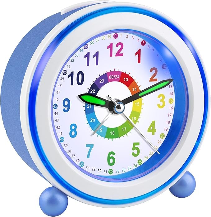 Juboos Kinderwecker ohne Ticken mit Schlummerfunktion und Nachtlicht, batteriebetriebener Lernwecker für Jungen und Mädchen, analoger Quarz-Wecker für Kinder (Blau)