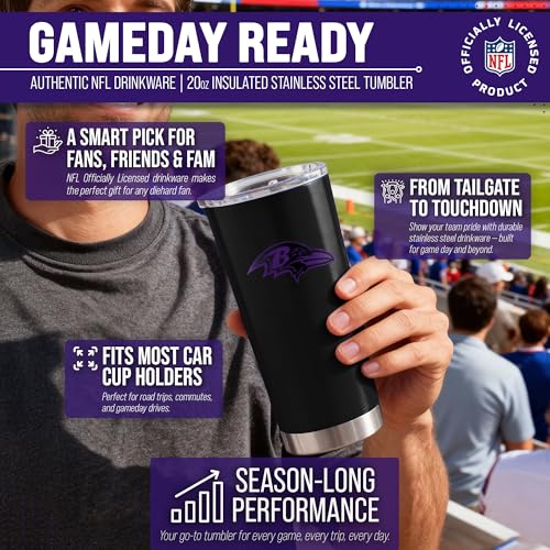 Image of Baltimore Ravens NFL 20oz Stainless Steel Insulated Tumbler, Slider Lid | Officially licensed Ravens drinkware; double-wall vacuum construction; cupholder compatible; BPA-free; hand wash only