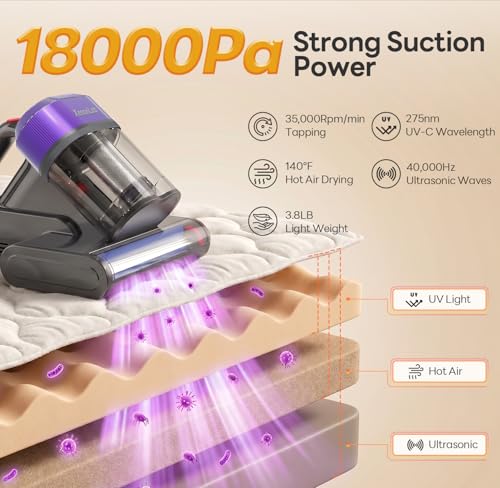 Image of Mattress Vacuum Cleaner, 18000Pa Bed Vacuum Cleaner, 275nm UV-C Light & Ultrasonic 140F Heat with High-Speed Deep Tapping, Versatile Handheld Vacuum for Bed, Sofa, Couch, Crib（Corded）