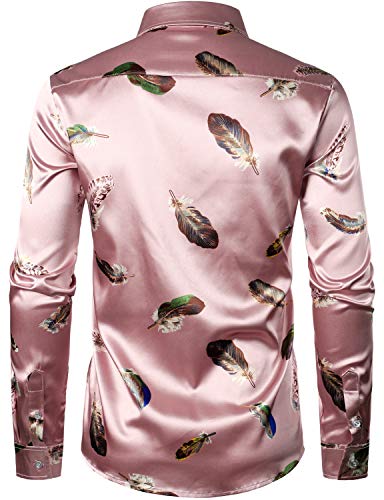 Image of ZEROYAA Men's Luxury Printed Silk Like Satin Button Down Dress Shirt for Party Prom