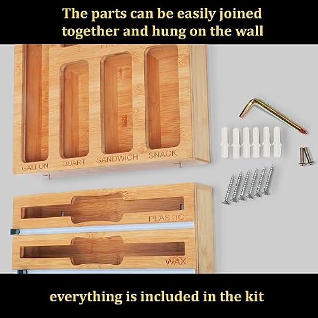 9 IN 1 Bamboo Foil and Plastic Wrap Organizer for Kitchen Drawer, Plastic Bag Organizer Organization and Storage, Food Storage Bag Organizer with Labels for Quart Gallon Snack Sandwich