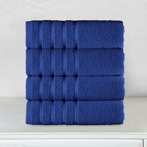 Image of Elegant Comfort 100% Turkish Cotton 4 Lines Viscose Stripe Luxury 4 Pack Hand Towel Set - Ultra Absorbent and Soft 16 x 28 Inch Premium Hotel Spa Quality Towels for Everyday Bath Use, Royal Blue