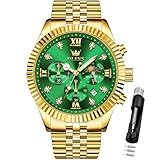 OLEVS Green Men Watches Moon Phase Classic Stainless Steel Analog Men Wrist Watch Luxury Diamond Dress Big Dial Waterproof Date Father Watch for Male