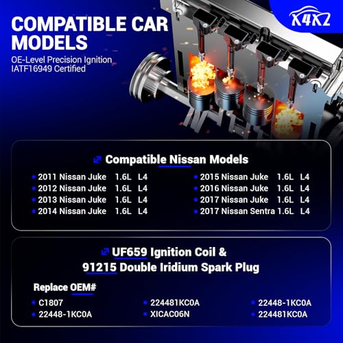 Image of X4XZ UF659 Ignition Coil & 91215 Spark Plug Replaces# C1807, 22448-1KC0A | Fits for 2011 2012 2013 2014 2015 2016 2017 Nissan Juke 2017 Nissan Sentra 1.6L L4