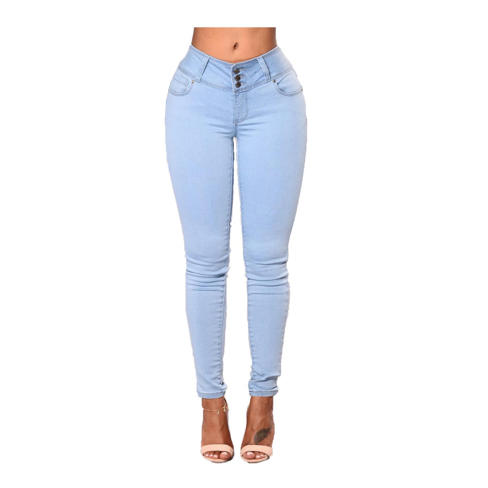 Jeans da Donna Eleganti Magri per Le Donne Snelli di Primavera Fascia Alta E Autunno-Azzurro-XL