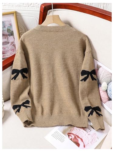 Image of BEAUDRM Girl's Cute Bow Sweater Crew Neck Long Sleeve Drop Shoulder Loose Pullover Tops