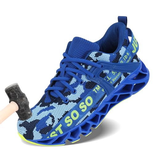 COKAFIL Steel Toe Shoes for Women Men Work Safety Lace Up Sneakers Puncture Proof for Industry Construction Warehouse Utility Camouflage Blue