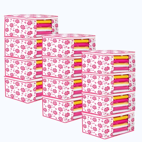 Image of Flower Printed Saree Covers for Cloth Storage & Wardrobe | Transparent Window, Zipper Closure | Pink-White | Pack of 12 | Dustproof Breathable Storage Bag for Travel & Home Use