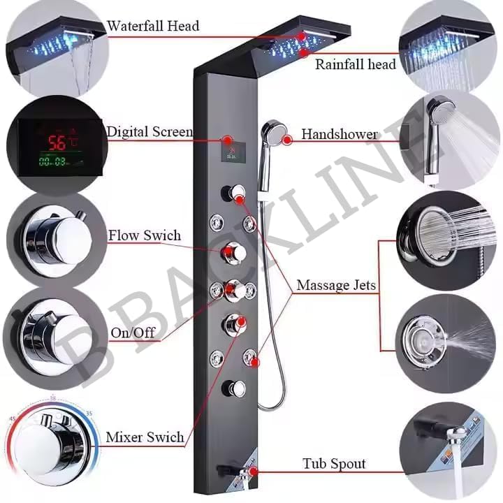 Image of B Backline Stainless Steel 304 Shower Panel 6-in-1 Thermostatic LED Rainfall Shower System - Hot & Cold Water | Handheld Shower | Body Massage Jets | Waterfall Spout Bathroom (Black)
