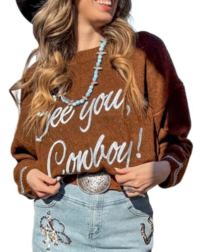 Apvirdy Women's See You Cowboy Embroidered Western Graphic Sweater Loose Crewneck Drop Shoulder Sweater Ribbed Knit Pullover