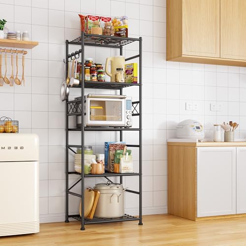 Image of DurayLoly Metal Shelving with Hooks & Side Panel for Pantry Storage, 5-Tier | More dense wire diameters, Reinforcing Ribs, Leveling Feet, easy assembly, 550LBS Heavy Duty Shelving, Kitchen Laundry Room