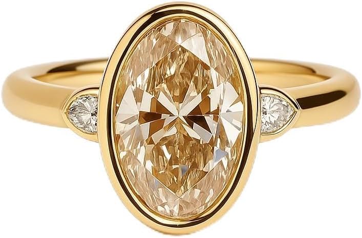 Oval Moissanite Ring for Women 14K Rose Gold Bezel Set with Side Diamonds Champagne Sparkle Vintage Style Engagement Ring Handmade Bridal Jewelry Gift for Her Anniversary