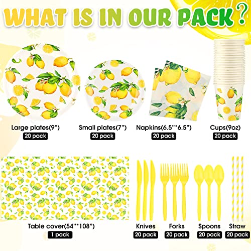 161 Pcs Lemon Party Supplies Serves 24 Guests Disposable Lemon Tablecloth Dinnerware Set 2 Sizes of Paper Plate Cup Napkin Knife Fork Spoon Straw for Birthday Baby Shower Wedding Dining Picnic