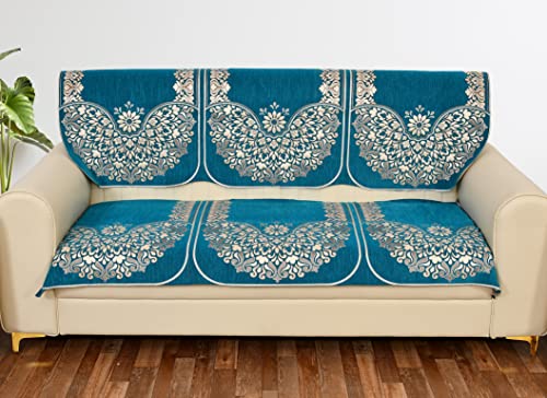 Image of Sky Blue 5 Seater Sofa Cover (3+1+1) with Complete Cover Set - Soft Stretch Fabric, Couch Protector (Sky Blue)