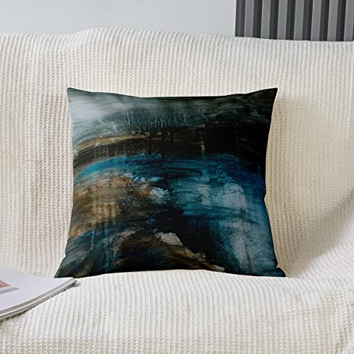 Modern Abstract Throw Pillow Covers 20"x20" Set of 2 Soft Messy Teal Black and Blue Pillow Cases Cushion Covers For Living Room Bedroom Abstract Art Decorative Throw Pillowcases for Sofa Chair - Image 2