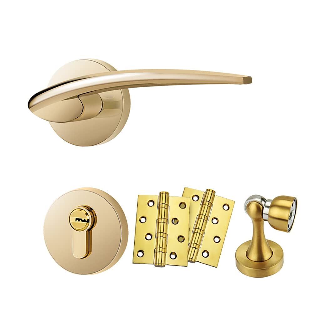 Gold Zinc Alloy Mute Split Door Handle Set, Reversible Lever for Interior Exterior Closet Hallway(A)