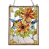 Maxxmore Stained Glass Window Hangings, Sunflower and Hummingbirds Window Panel Suncatchers, Tiffany Style Handmade Hanging Window Panels for Home Decor