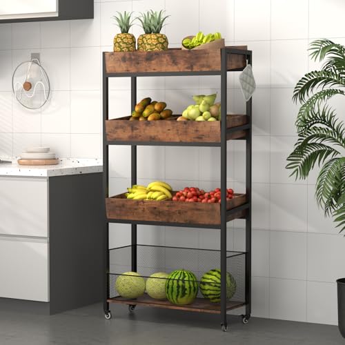 GOFEI 4-Tier Wooden Fruit and Vegetable Basket Stand Rack with Adjustable Feet and Wheels – Multi-Purpose Food Organizer for Kitchen, Office, Shop, and Supermarket