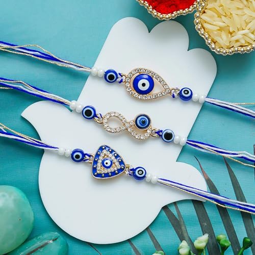 Image of eCraftIndia Evil Eye Rakhi Set of 3 for Brother with Cute Couple Showpieces | Designer Nazar Rakhi Combo | Premium Beaded Raksha Bandhan Gift Set for Bhai