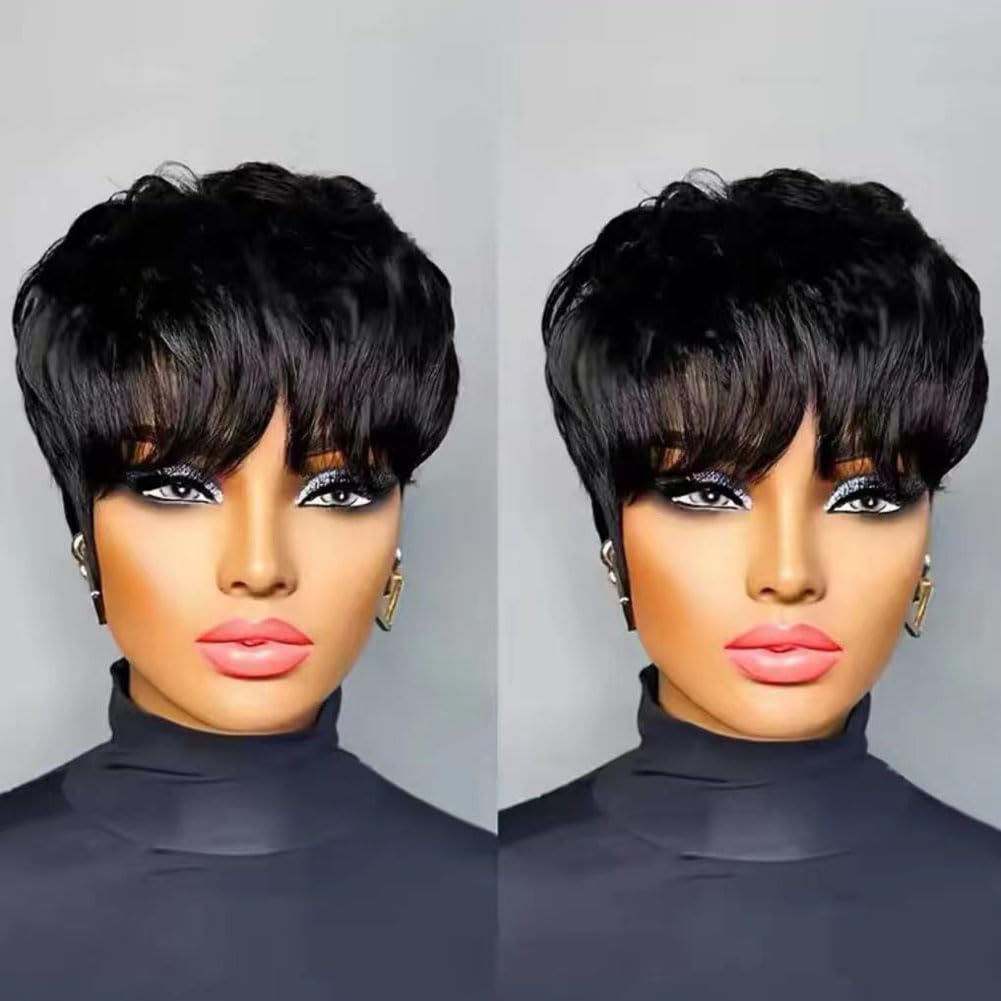 HOTKIS Short Pixie Cut Wig Human Hair - Layered Cut Short Wigs for Black Women Natural Straight Black Human Hair Short Pixie Wigs with Bangs, Glueless