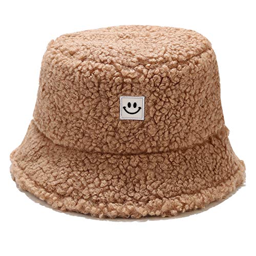 Umeepar Winter Faux Shearling Shaggy Bucket Hat Warm Fishing Cap for Women Men (Smile Face Khaki)