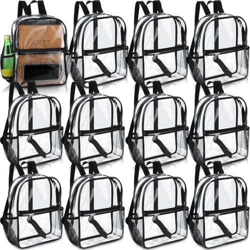 Image of Sweetude 12 Pcs Clear Backpack for Stadium Events Bulk 11.5x9.5x5.5 Inch Small Transparent Bag with Front Pocket for Concert Travel (Black)