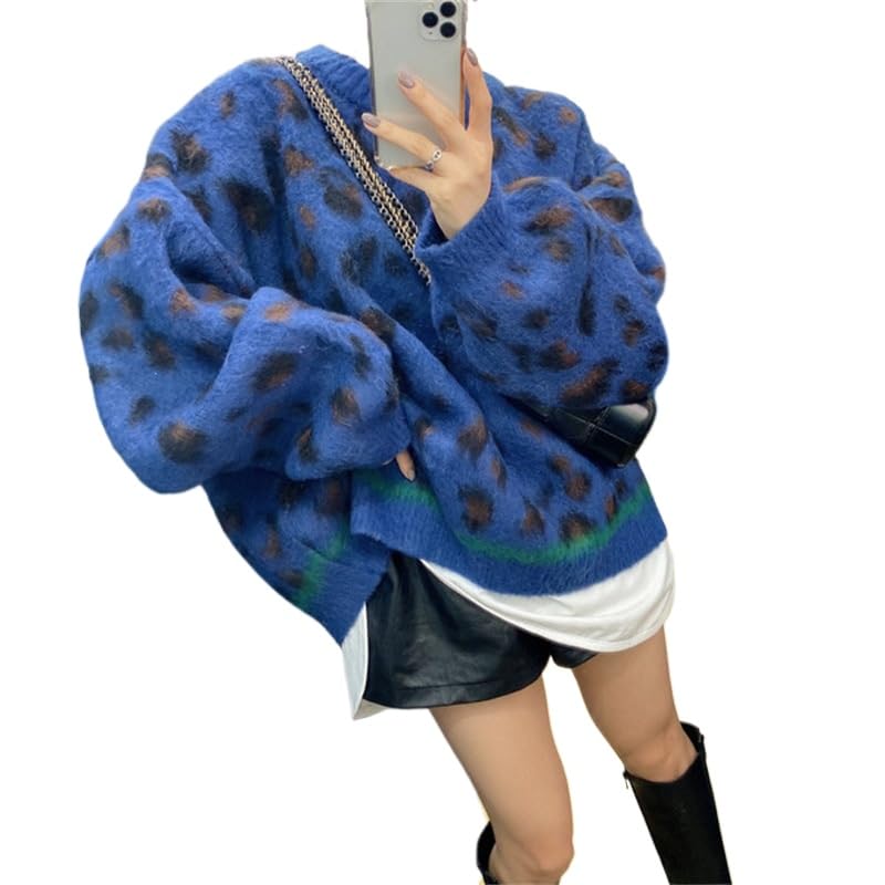 Obenie Women's Leopard Print Round Neck Sweater Oversized Casual Loose Basic Harajuku Pullover Y2K Sweater